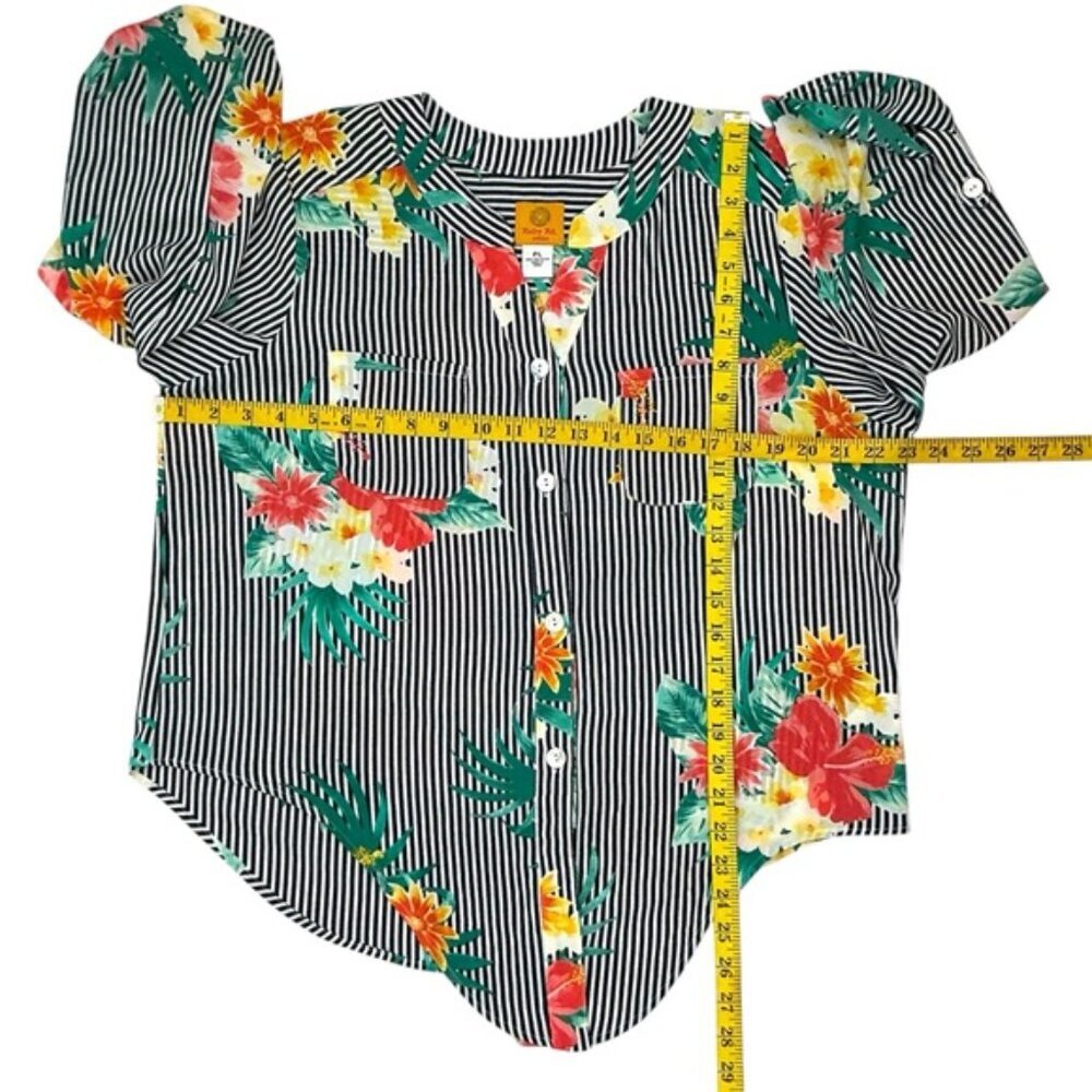 Ruby Rd Tie Up Top High Low 3/4 Sleeve Tropical Black White Stripe Petite Large - Picture 11 of 16